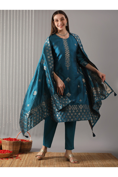 Globus By Styli Women Turquoise Blue Embroidered Kurta with Pant and Dupatta Set