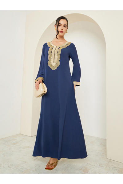 Styli Women Navy Blue Gold Embroidery Jalabiya