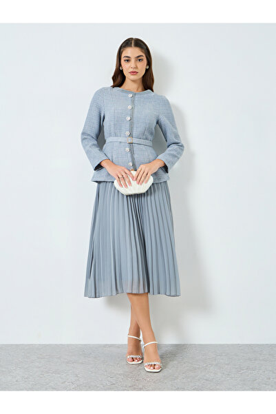Styli Women Blue Tweed Midi Dress with Belt