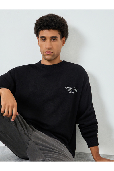 Styli Men Black Embroidered Relaxed Sweater