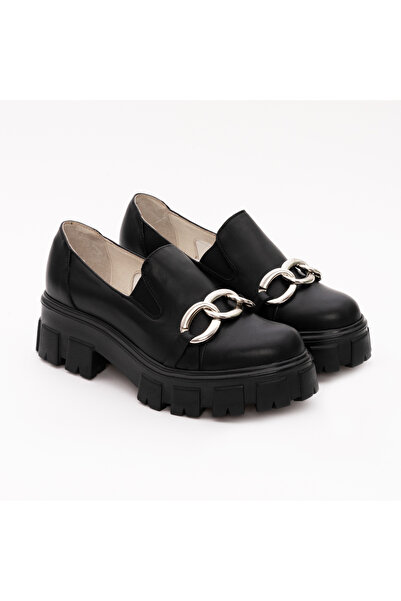 VAGAM Black Genuine Leather Shoes with Chain