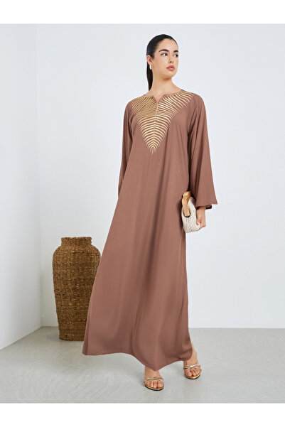 Styli Women Brown Embroidered A-Line Jalabiya