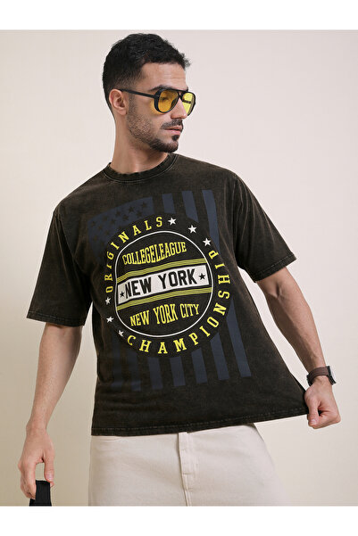 Dillinger By Styli تيشيرت رجالي مطبوع بقصة قصة فضفاضة ومغسول بالأسيد