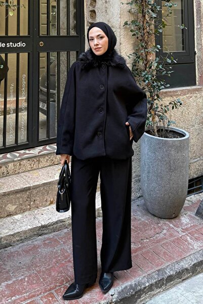 lamelif Fur Collar Coat Black