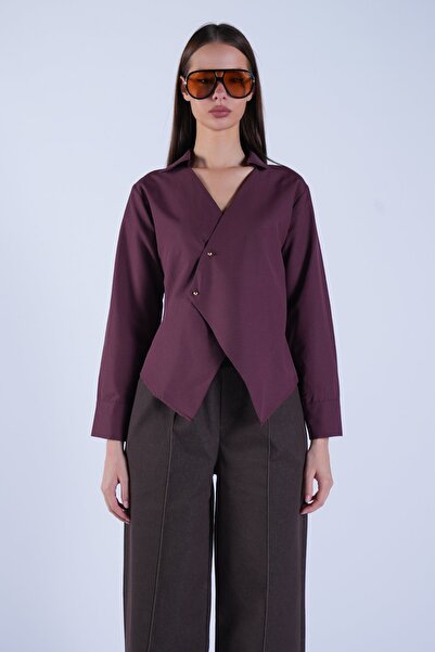 Trend Alaçatı Stili Women's Burgundy V-Neck Asymmetrical Cut Button Detailed ...