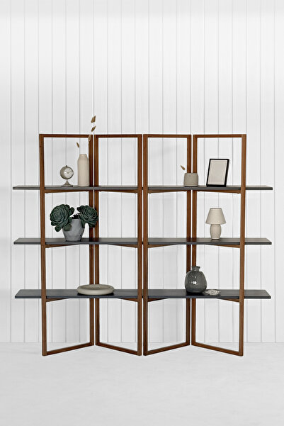 unboxdeco Shelfish Ceviz Ahşap iskeletli Antrasit Raf, Düzenleyici, Kitaplık