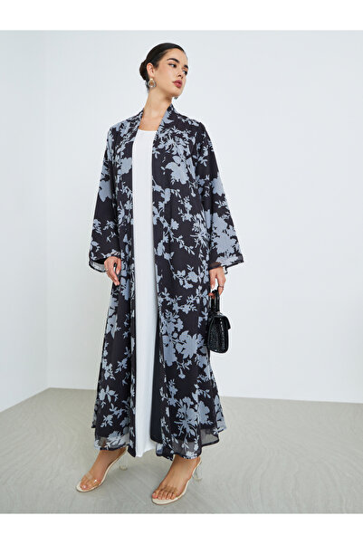 Styli Women Black Floral Print Chiffon Abaya