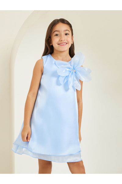 Styli Girls Light Blue Sleeveless Dress with Flower Detail