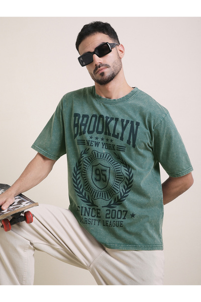 Dillinger By Styli تيشيرت رجالي مطبوع بقصة قصة فضفاضة ومغسول بالأسيد