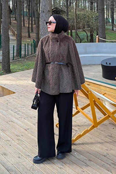 lamelif Buttoned Belted Poncho Bitter Brown