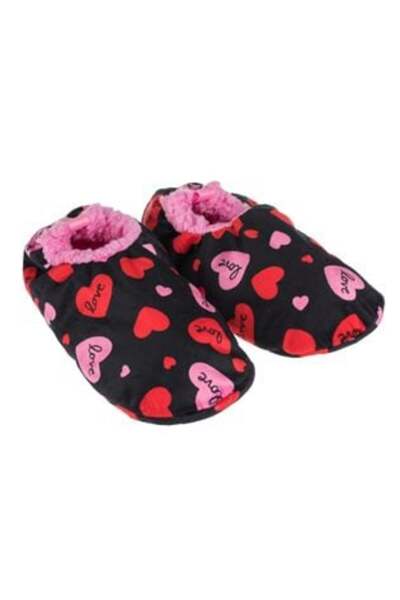 SHOPIENS Black Winter Ballerina Slippers with Red Hearts for Women