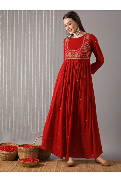 Globus By Styli Women Red Boat Neck Embroidered A-Line Maxi Dress