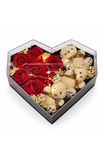 Lİ-ES Kalpli kutuda ayıcıklı solmayan güller 3 fonksiyonlu led- seviliye hedi...