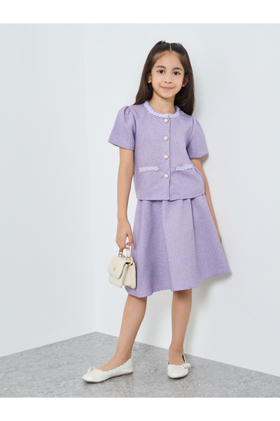 Styli Girls Lilac Tweed Top with Skirt Set