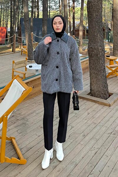 lamelif Leather Collar Coat Anthracite