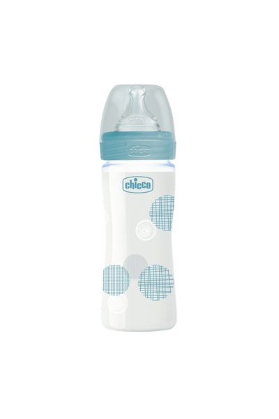 Chicco Well Being Nature Glass Feeding Bottle 240ml 0m+ Silicone Teat Anti-Co...