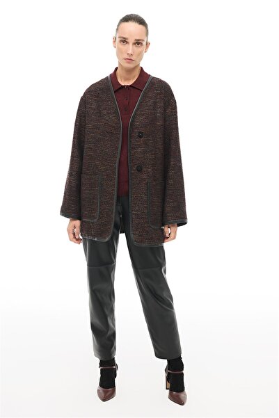 Perspective Burgundy V-Neck Snap Button Coat