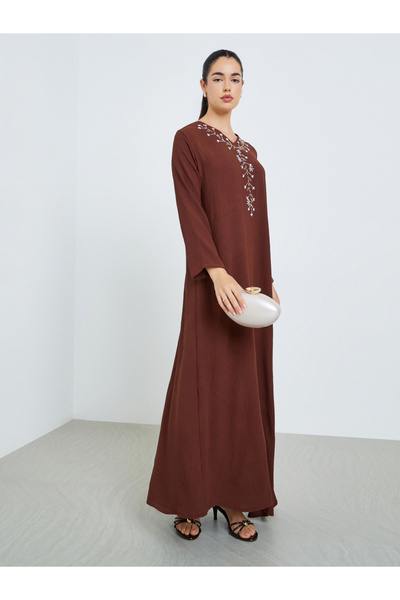 Styli Women Brown Embroidered A-Line Jalabiya