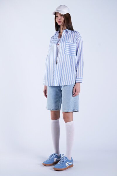 Trend Alaçatı Stili Women's Blue Single Pocket Thick Striped Poplin Shirt Alc...