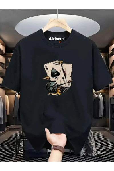 ALCİNOUS Unisex Oversize εμπριμέ βαμβακερό μπλουζάκι με κοντό μανίκι ΜΑΥΡΟ