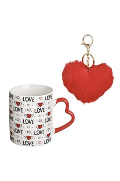 SHOPIENS Cană ceramică albă cu mâner în formă de inimă și breloc de inimă roș...