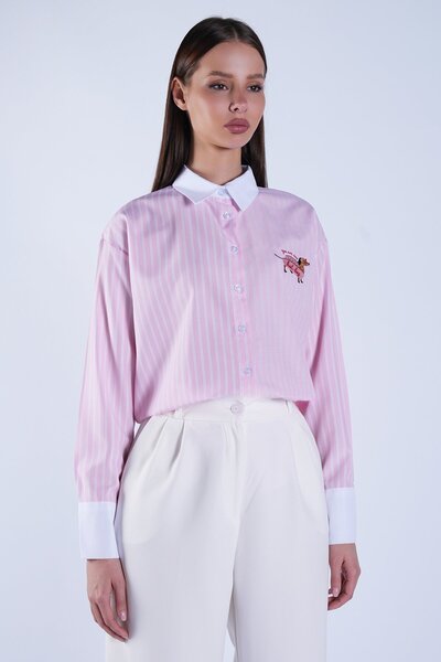 Trend Alaçatı Stili Women's Pink Embroidered Striped Poplin Shirt Alc-X15119