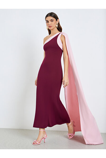 Styli Women Burgundy Cape Detail Mermaid Maxi Dress