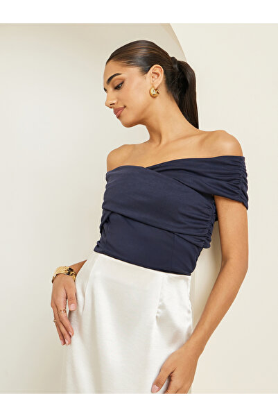 Styli Women Navy Blue Off-Shoulder Knit Top