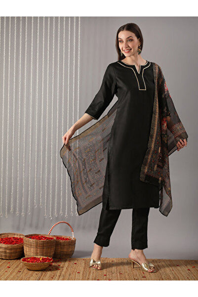 Globus By Styli Women Black Straight Kurta with Pant and Floral Print Dupatta...