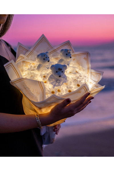 BYSHOPPİNG 3 ayıcıklı dekoratif led ışıklı papatya buketi sevgililer gününe ö...