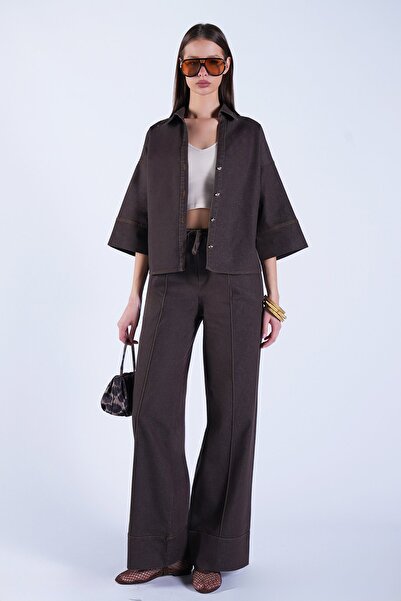 Trend Alaçatı Stili Women's brown high-waisted folded hem jean pants and jack...