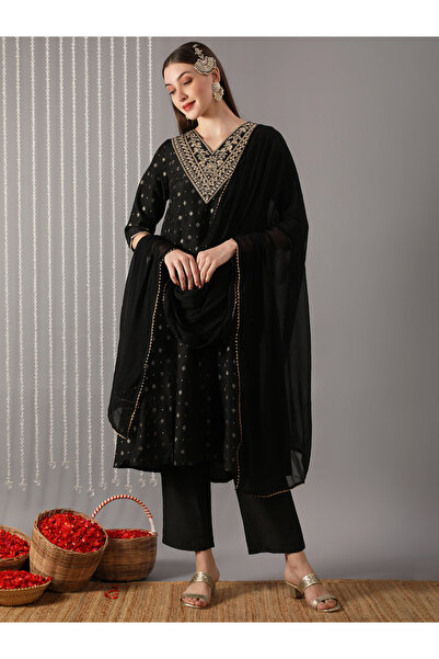 Globus By Styli Women Black V-Neck Embroidered Gold Foil Kurta with Pant and ...