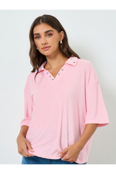 Styli Women Pink Embroidered Polo T-Shirt