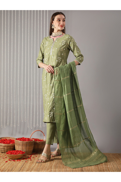 Globus By Styli Women Green Ethnic Print Embroidered Straight Kurta with Pant...