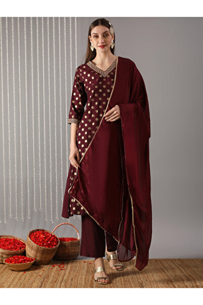Globus By Styli Women Wine Embroidered Straight Kurta with Pant and Dupatta Set