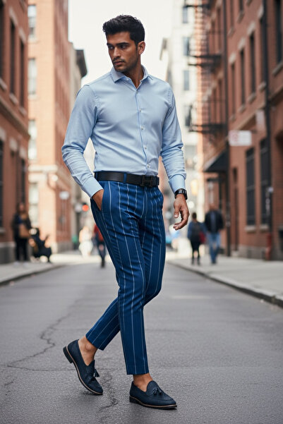 dehaine Men's casual pants, striped, Slim Fit, Blue, B1874