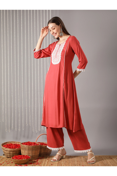 Globus By Styli Women Pink Round Neck Embroidered Kurta with Pants Set