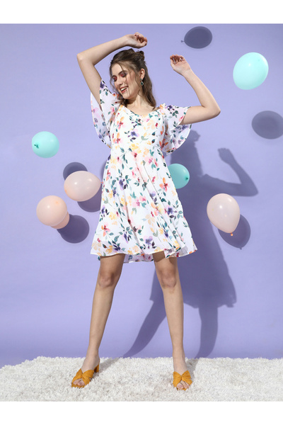 Mish By Styli Women White Floral Print A-Line Midi Dress