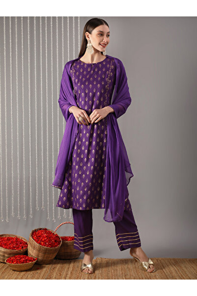 Globus By Styli Women Purple A-Line Kurta with Pant and Dupatta Set
