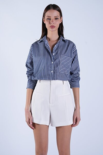 Trend Alaçatı Stili Women's Anthracite Single Pocket Striped Poplin Shirt Alc...