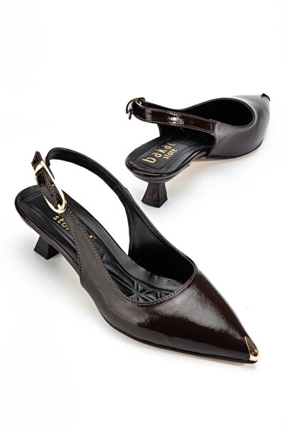 bakacstore Pantofi de damă din piele lacuită, maro amar, cu toc scurt și deta...