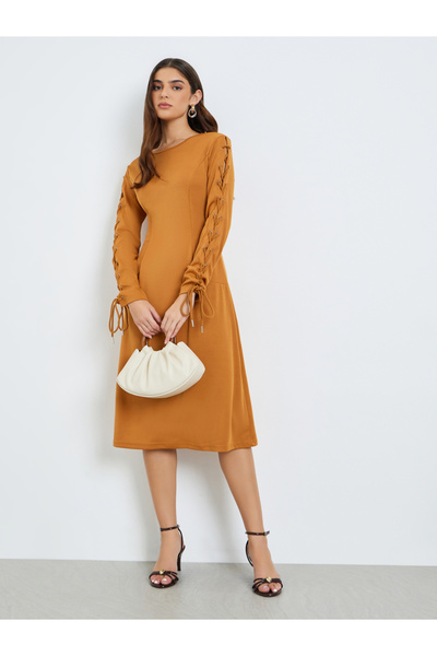 Styli Women Khaki Lace Up Sleeves Knee Length Dress