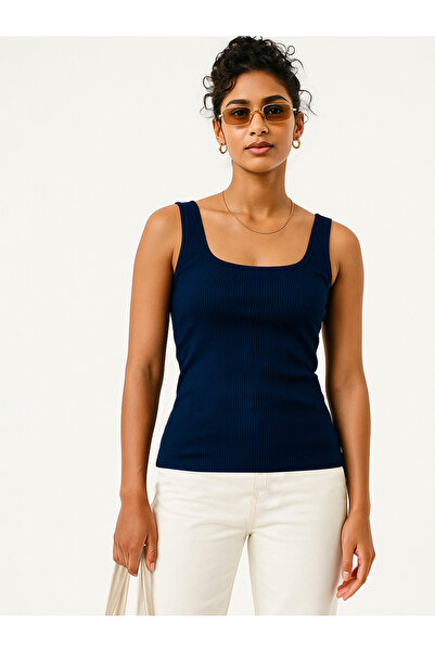Sassafras By Styli Women Navy Blue Rib Sleeveless Top