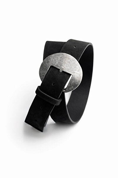 Purple by Banu Black Oval Metal Buckle Suede Belt