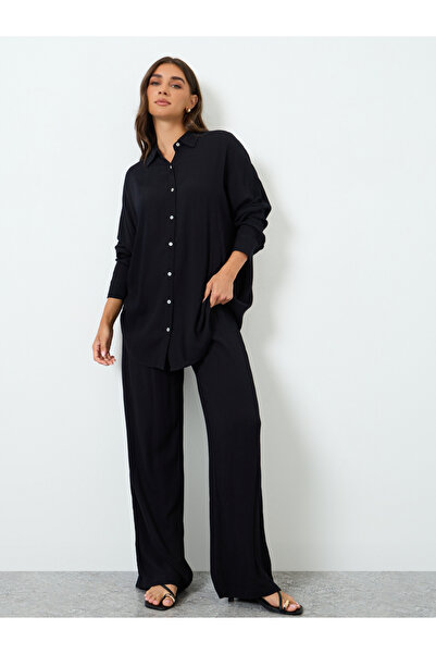 Styli Women Black Crinkle Oversized Shirt with Wide Leg Co-Ords