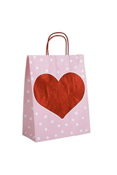 SHOPIENS Τσάντα δώρου σε ροζ κραφτ με κόκκινη καρδιά και γκλίτερ 26 x 12 x 33...