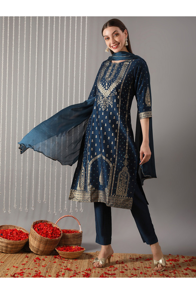 Globus By Styli Women Navy Blue Ethnic Print Straight Kurta with Pant and Dup...