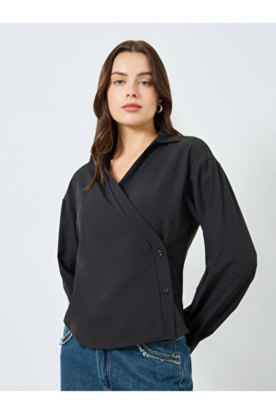 Styli Women Black Asymmetrical Buttons Long Sleeve Shirt