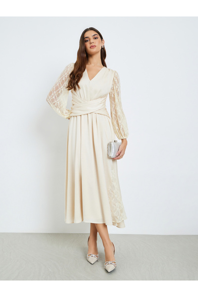 Styli Women Cream Lace Sleeves A-Line Midi Dress