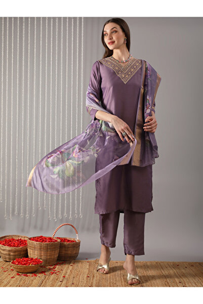 Globus By Styli Women Purple Embroidered Kurta with Pant and Printed Dupatta Set